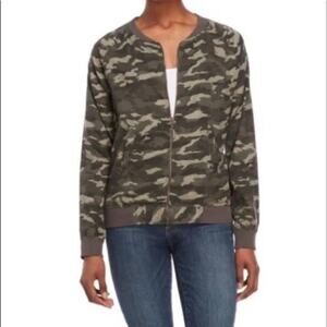 Beach Lunch Lounge Camo Full Zip Bomber Jacket Green Gray Camouflage Size Small